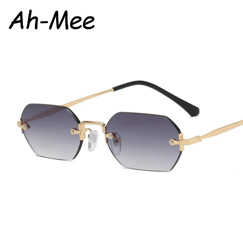 Small Square Rimless Sunglasses Women Retro Polygon Grey Gradient Sun