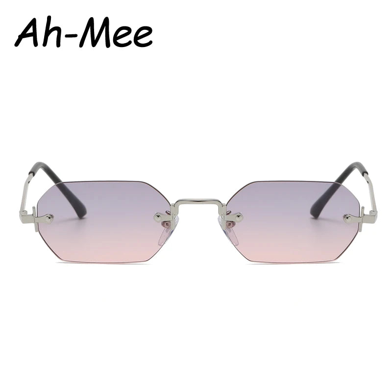 Small Square Rimless Sunglasses Women Retro Polygon Grey Gradient Sun